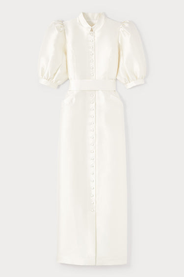 Maxi satin dress with puff sleeves - White