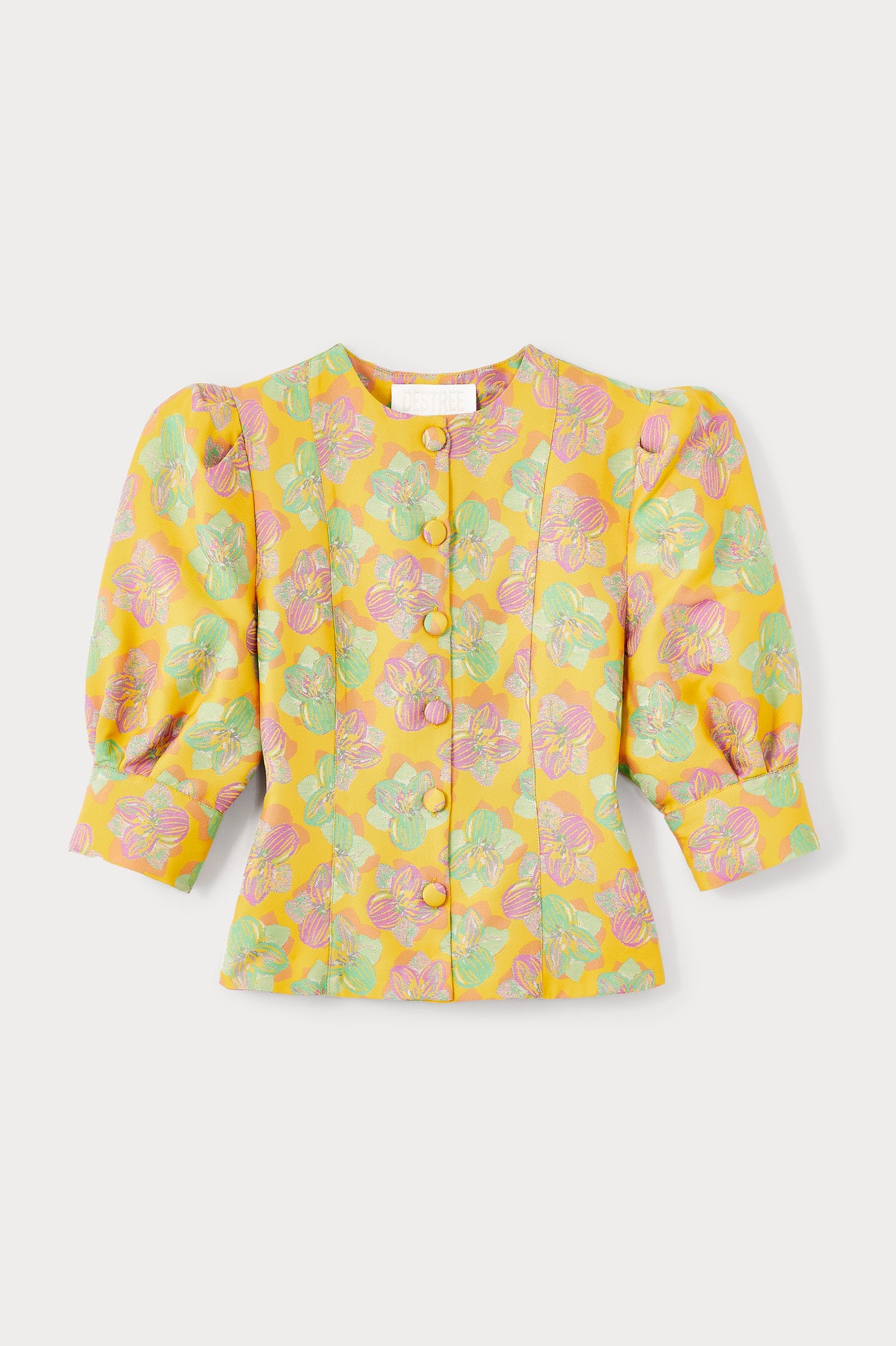Floral Yellow, Pink & Light Green Blouse with Puff Sleeves