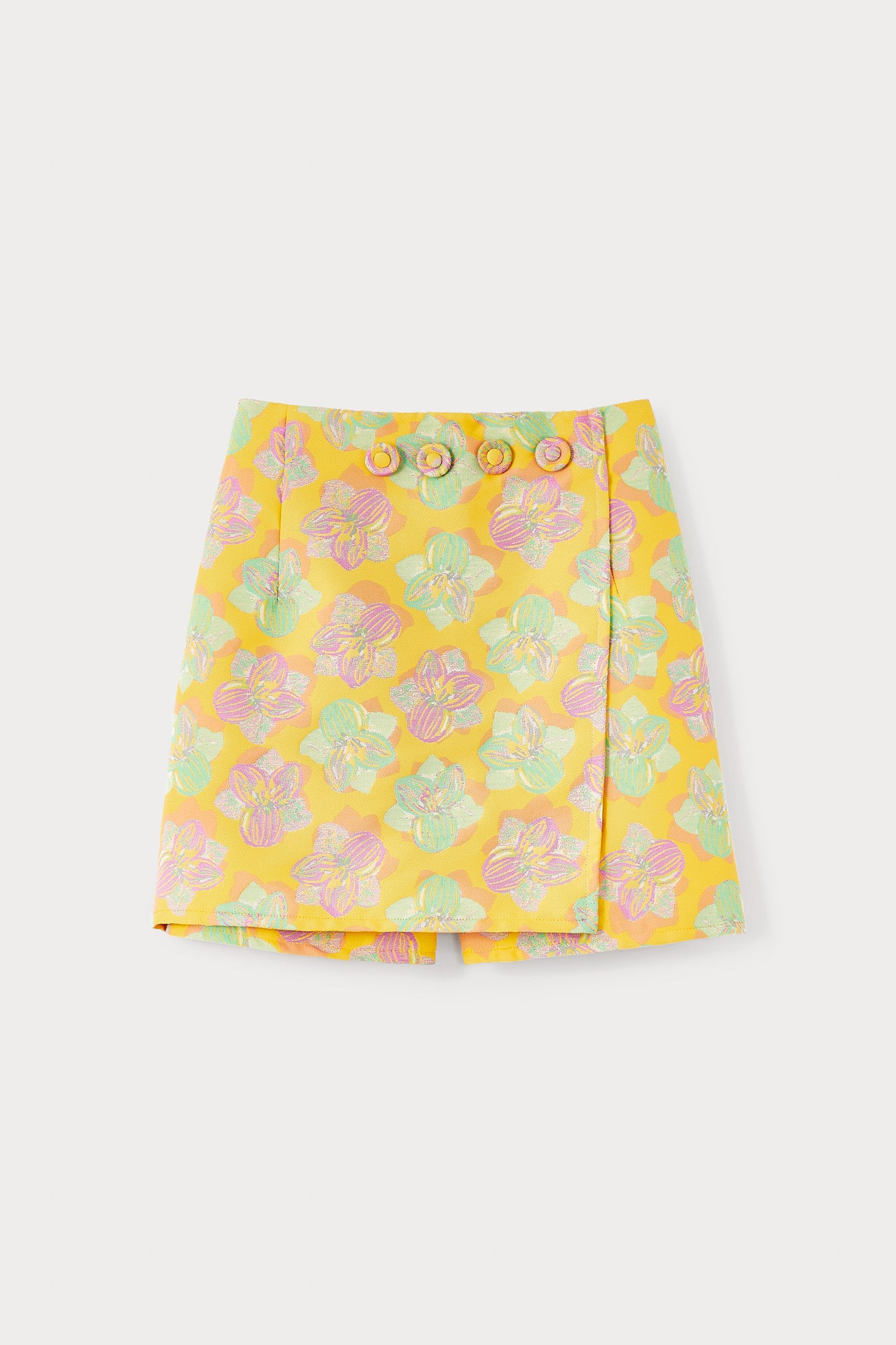 Jupe-short florale jaune, rose et vert clair avec boutons