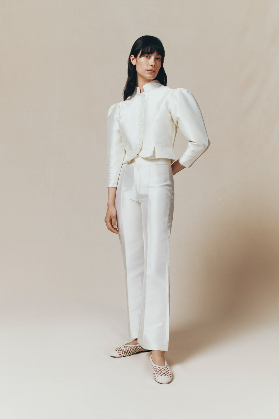 White satin straight pants