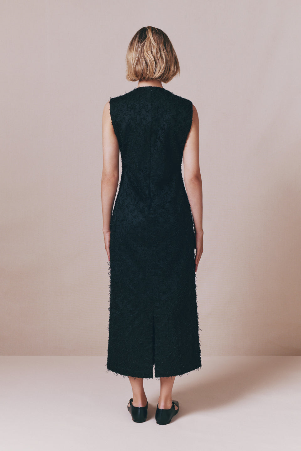 Sleeveless Black Cotton Dress with Textured Finish and Button Details