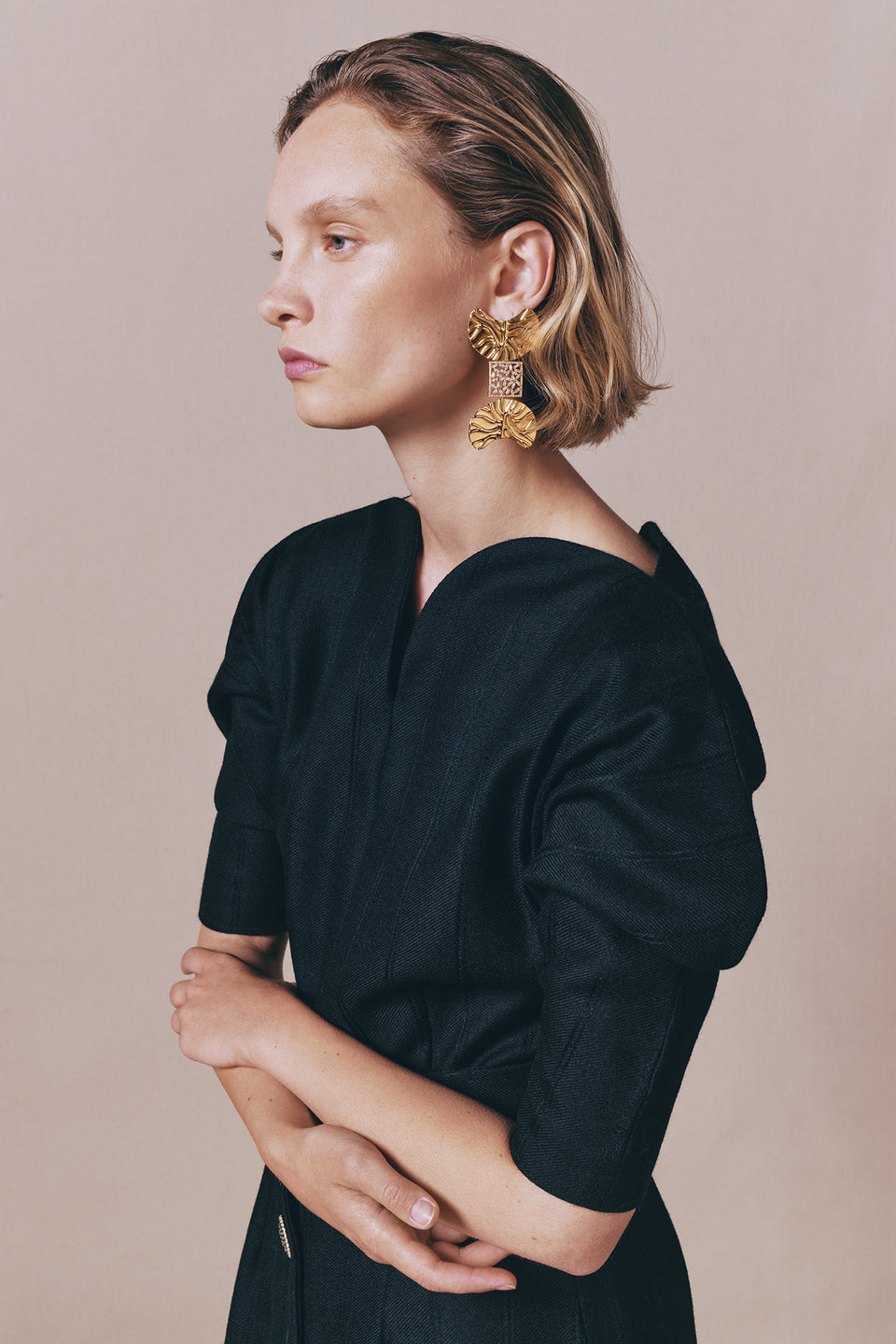 Gold sculptural statement earrings with crystal detail DESTREE Gold sculptural statement earrings with crystal detail DESTREE