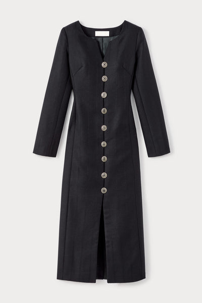 long black dress button down Black long-sleeve dress with refined button details