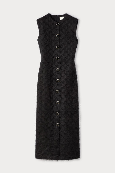 Sleeveless black cotton dress with textured finish and button details