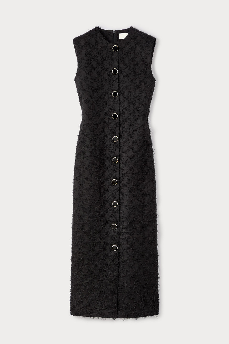 Sleeveless Black Cotton Dress with Textured Finish and Button Details