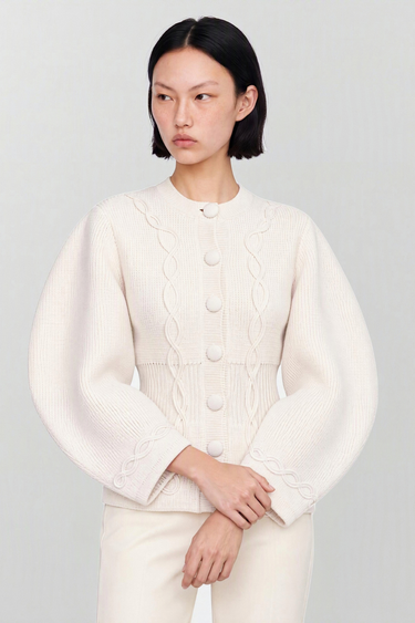 Structured Ecru Merino Wool Jacket with Embroidery