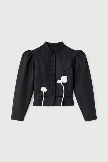 Black virgin wool jacket with puff sleeves and floral embroidery