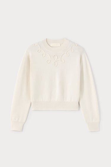 Ecru merino wool sweater with embroidered details