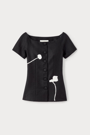 Black virgin wool top with floral embroidery