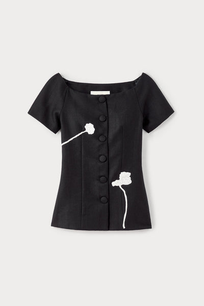 Black virgin wool top with floral embroidery – DESTREE