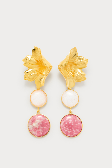 Flower stud earrings with stones drop - Gold, White & Pink