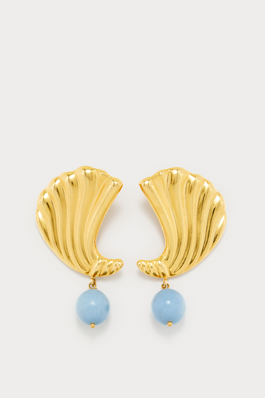 Crescent stud earrings with stone drop - Gold & Light Blue