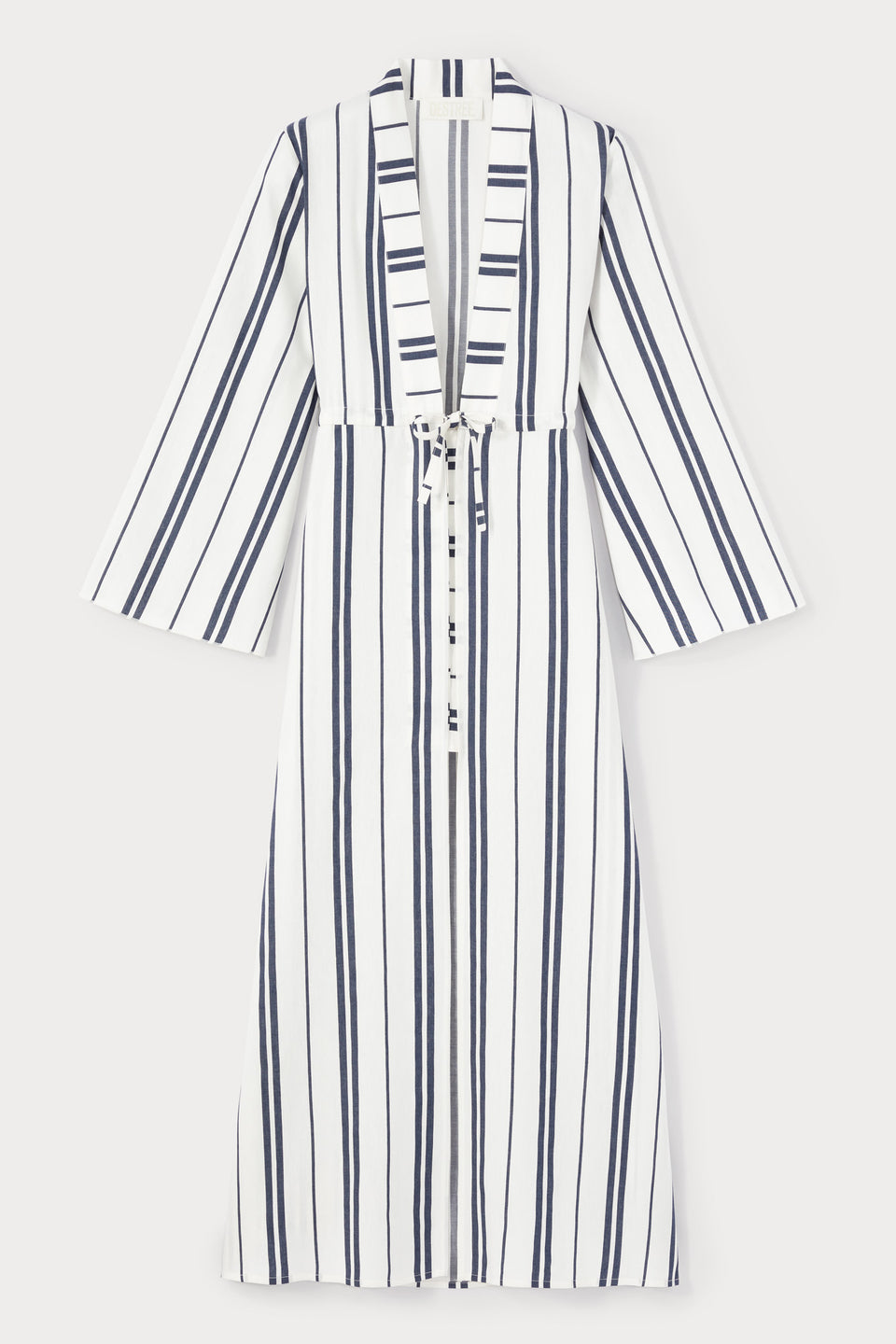 White and blue belted long dress with bell sleeves – DESTREE