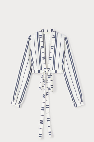 White and blue striped cropped shirt with tie detail