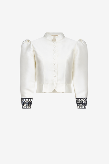 White satin puff sleeve jacket with embroided details