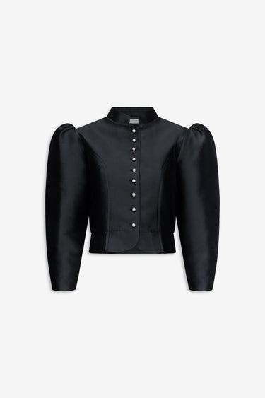 Black satin puff sleeve jacket with pearls