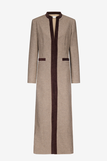 Long beige and brown plaid wool coat