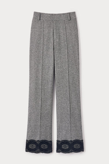Grey flannel trousers with lace hem