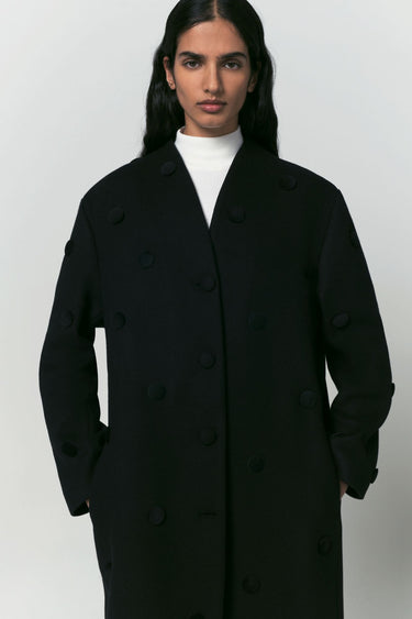 Maelle Wool Coat with Covered Buttons — Black