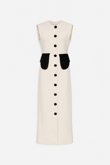 Dress — Ecru with black velvet buttons and pockets