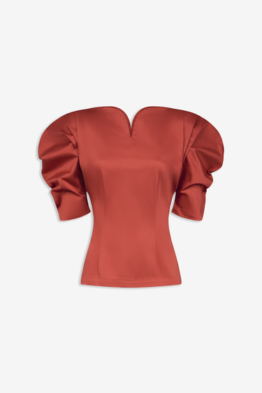 Cotton sculptural top with puffed sleeves - Rust