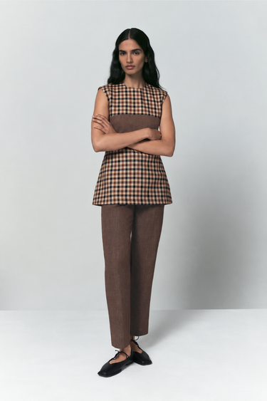 Mona checked sleeveless top — Camel