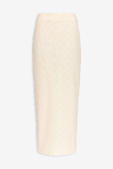 Ivory textured maxi skirt with fringed thread finish