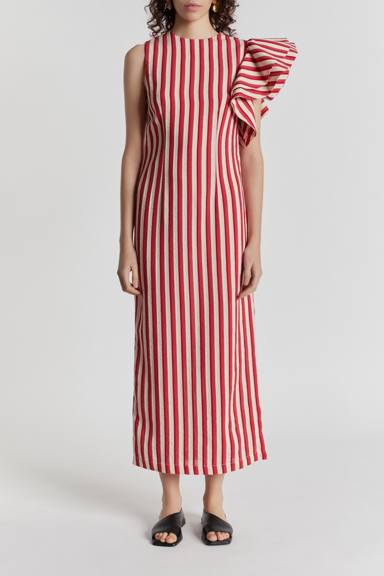RED & ECRU Striped Dress with Asymmetric Ruffle Detail