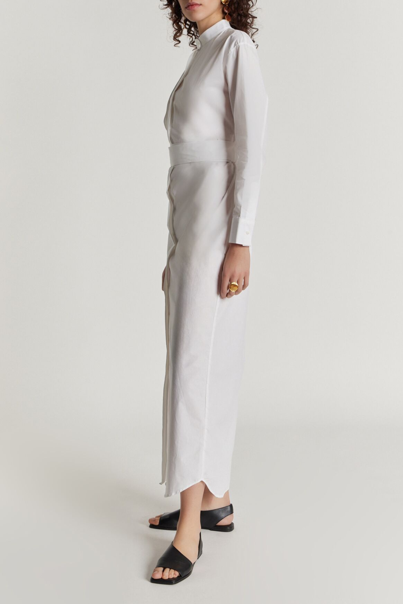 WHITE Popelin Maxi Dress with Sleeve & Button detail