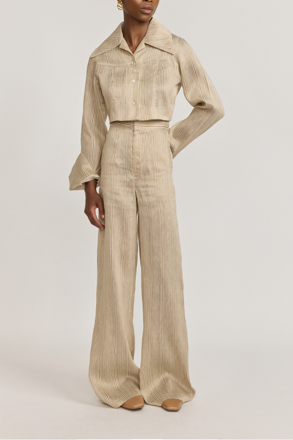 beige wide leg dress pants Beige striped Wide Leg Pant Suit