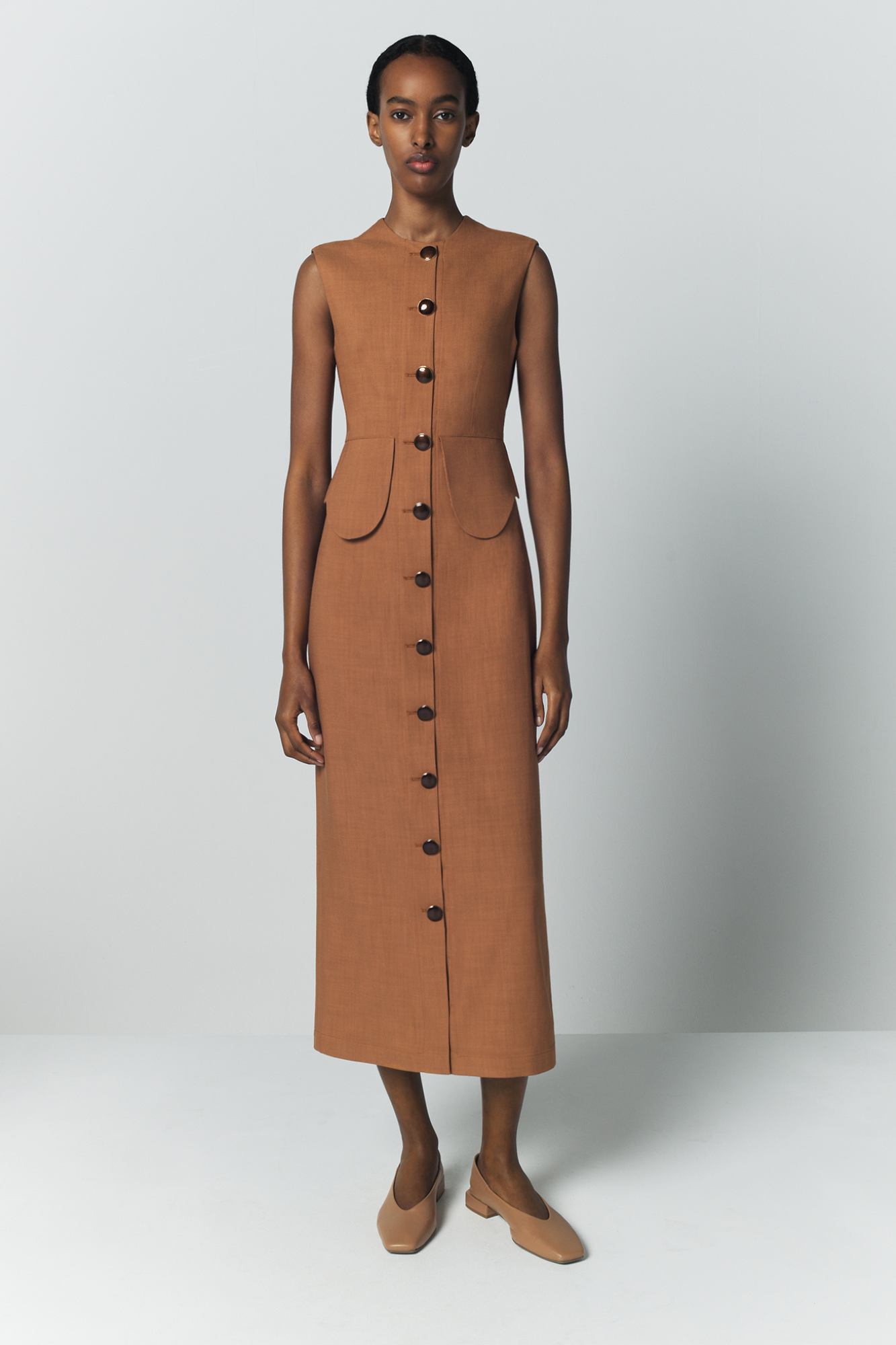 Camel sleeveless midi dress