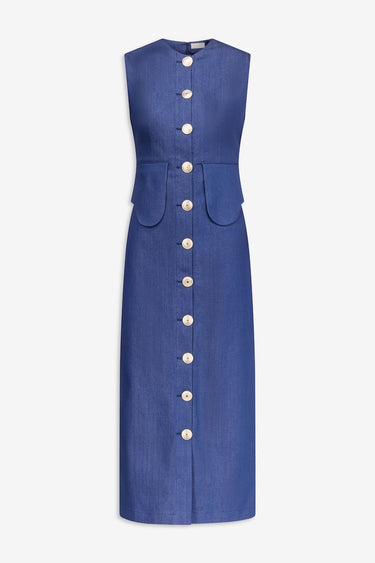 Blue denim sleeveless midi dress