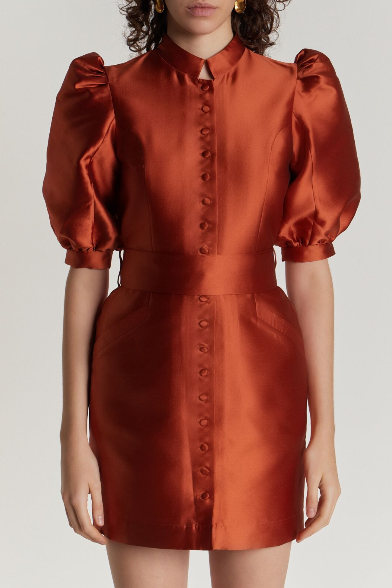 Terracotta Satin Puff Sleeve Mini Dress