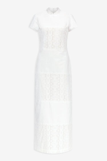 Long white embroidered dress with mandarin collar
