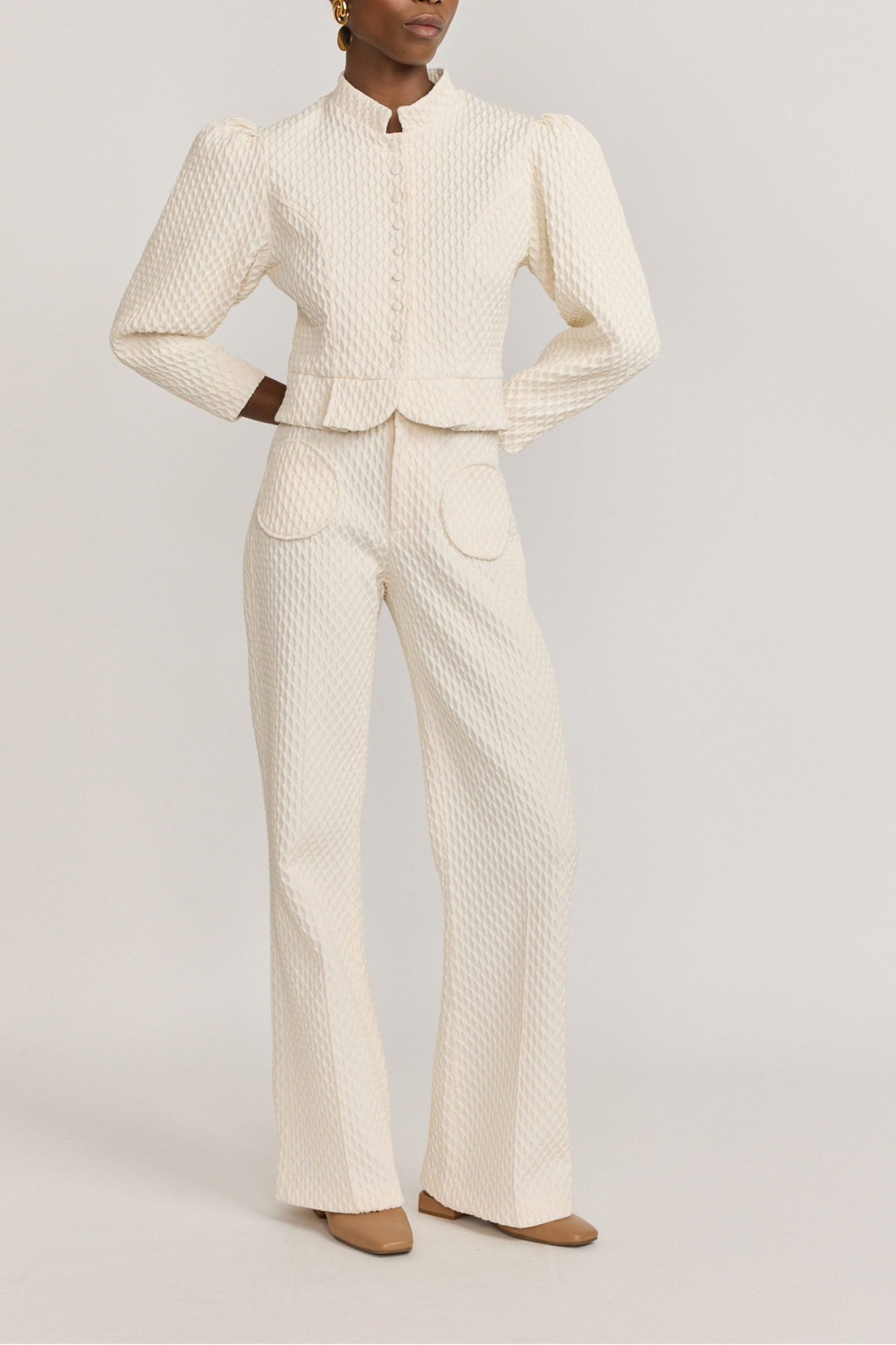 d'estrëe paris Ivory Flutter Flared Pants with Circular Pockets