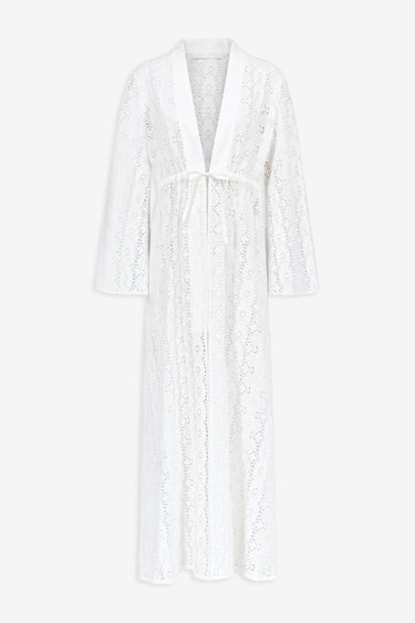 Embroidered cotton maxi dress with tie waist detail - White