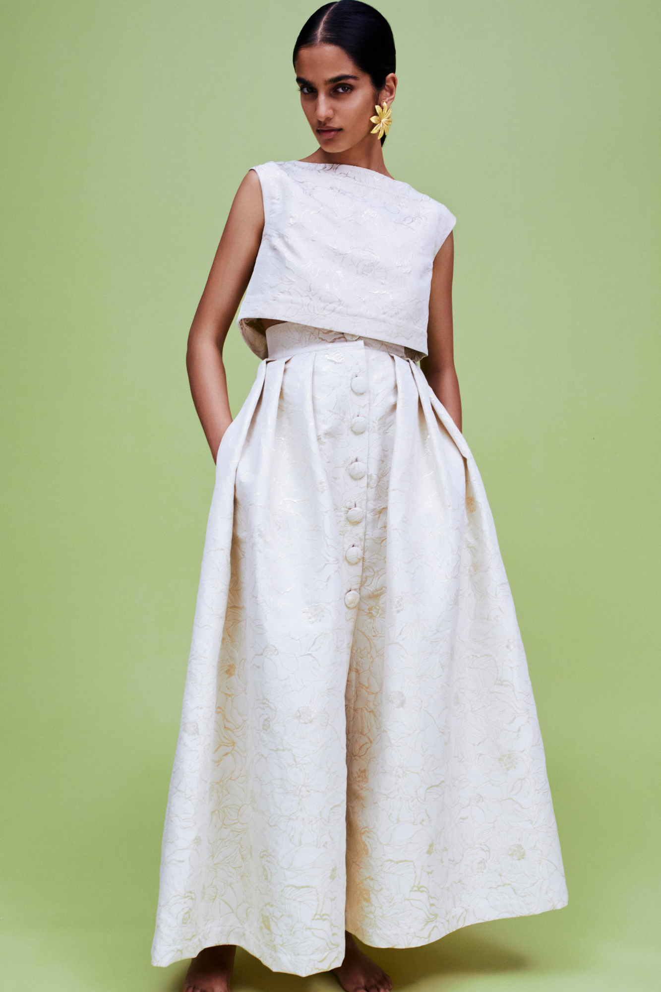Rose Jacquard Ecru & Gold Maxi Skirt with Button Detail
