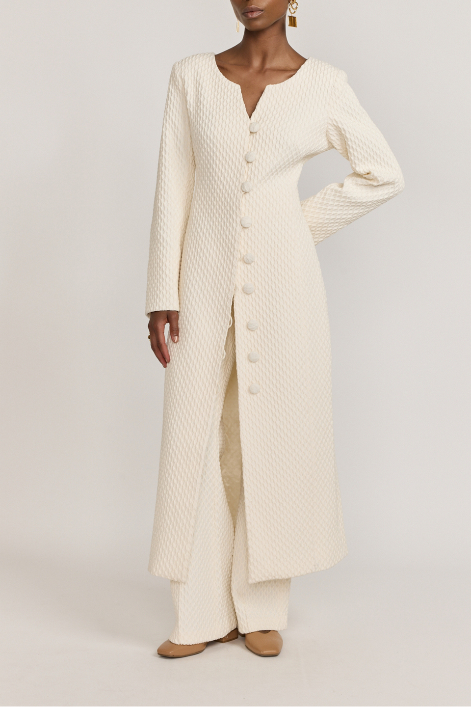 Ivory longline textured Coat - L Ivory longline textured Coat - L