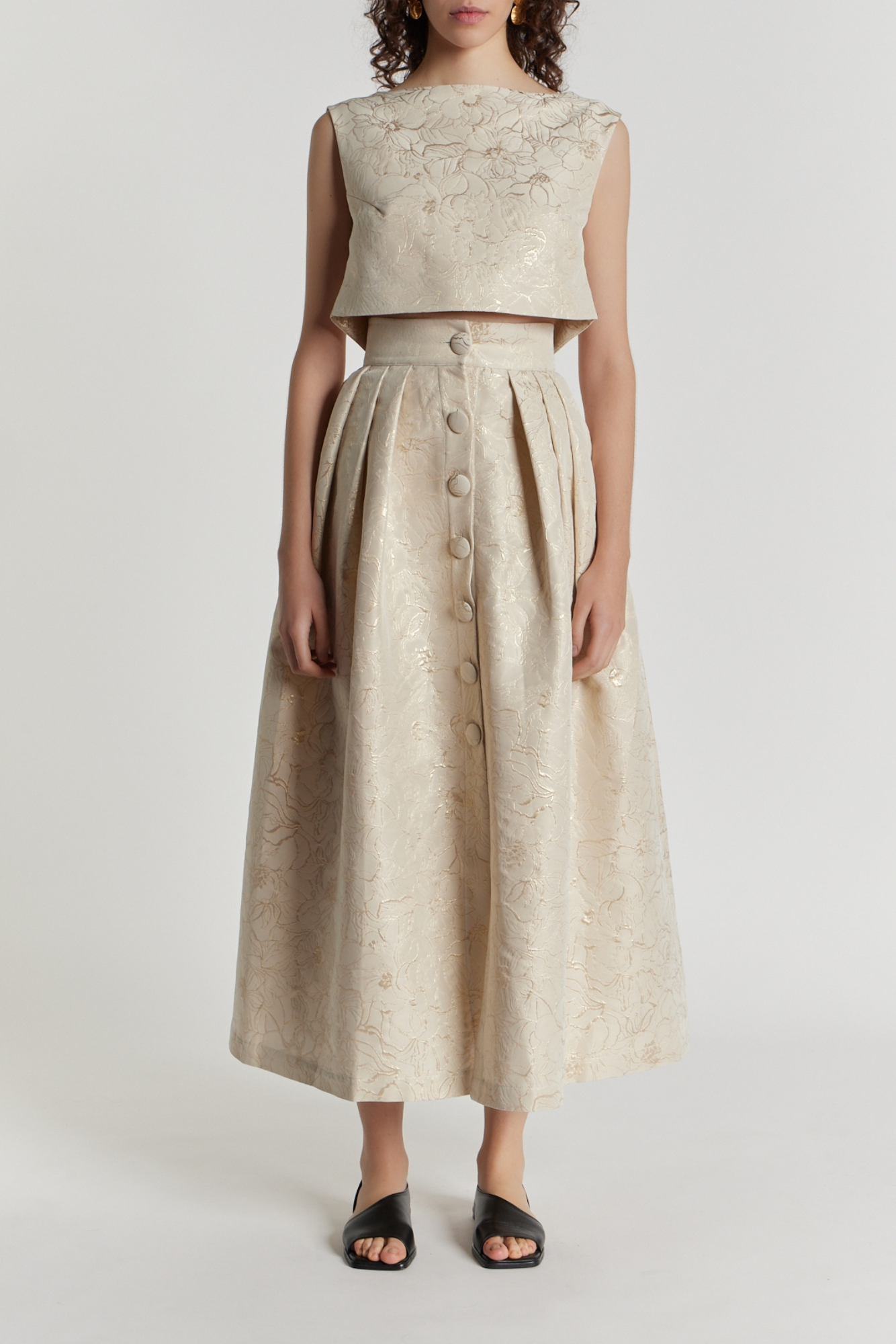 Rose Jacquard Ecru & Gold Maxi Skirt with Button Detail