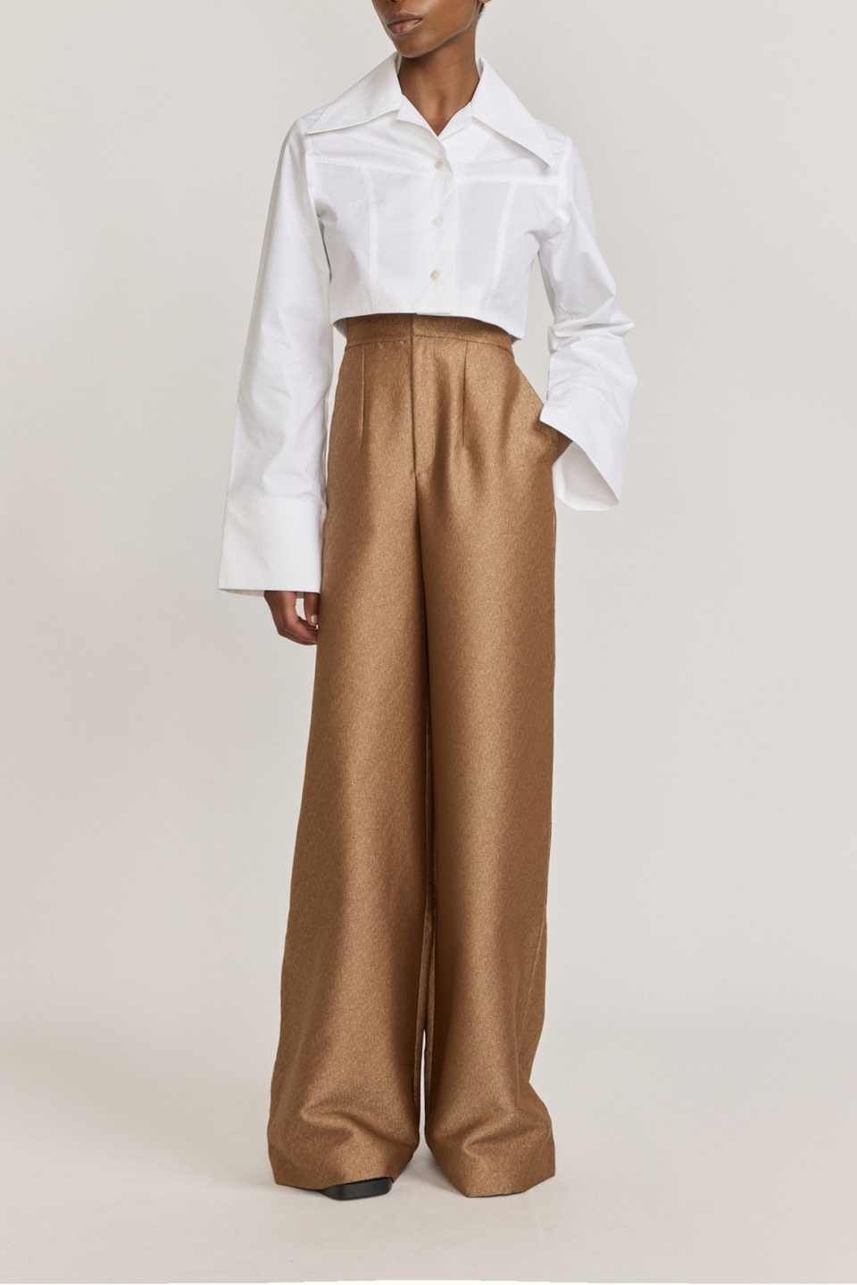 White popelin cropped shirt with wide collar and extended cuffs DESTREE White popelin cropped shirt with wide collar and extended cuffs DESTREE