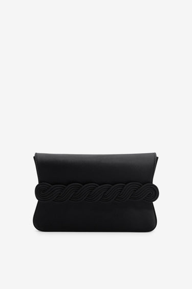 Black satin clutch with braided passementerie