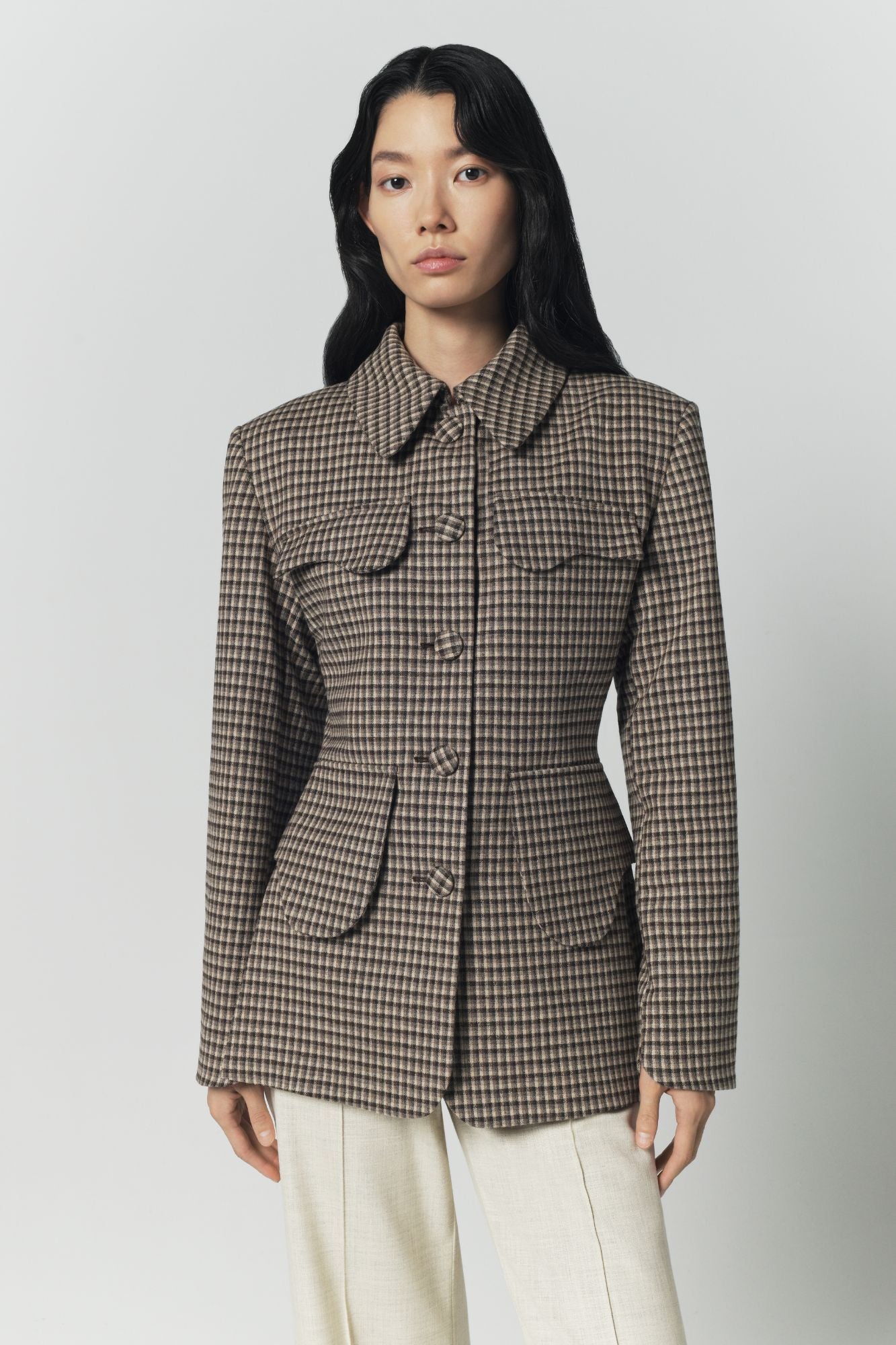 Destree Jacket Beige and brown plaid utility button-front jacket – DESTREE