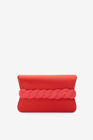 Red fire satin clutch with braided passementerie