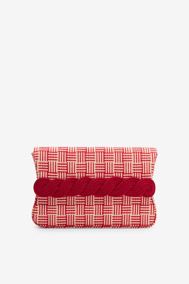 Natural & red straw clutch with braided passementerie