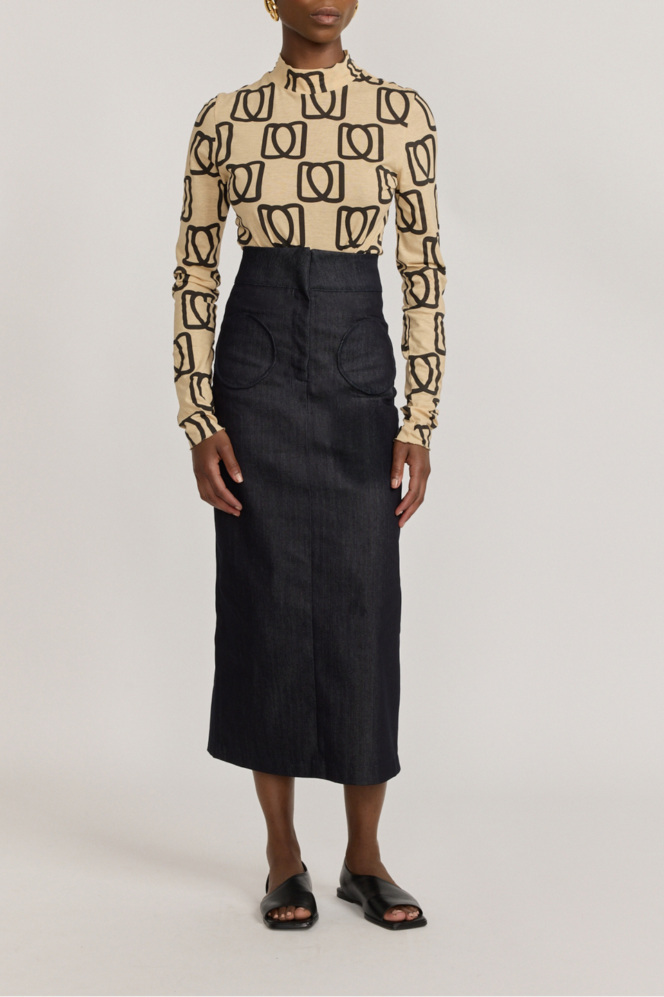 NAVY BLUE Pencil Skirt with Circular Pockets DESTREE