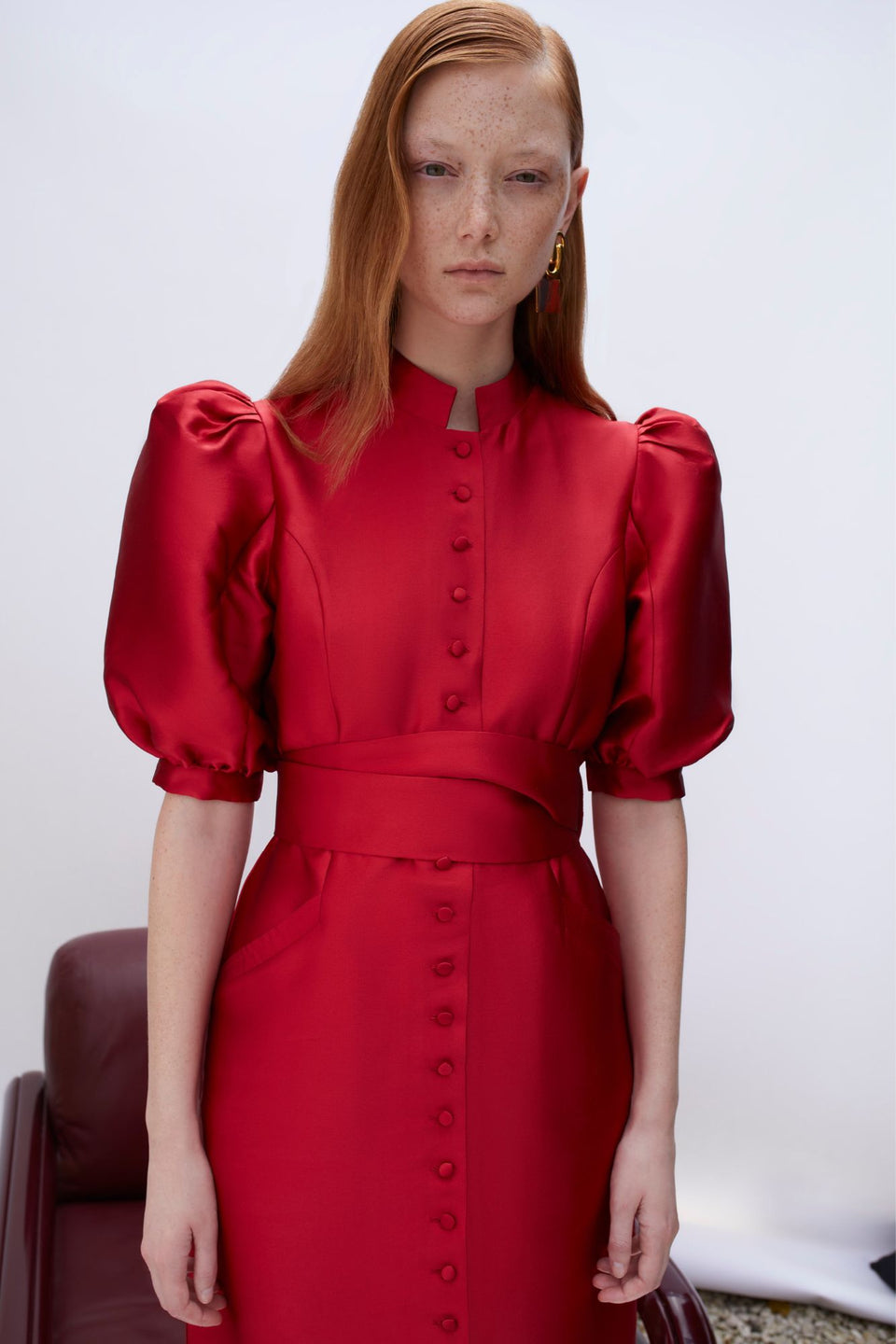 Red satin puff sleeve long dress DESTREE Red satin puff sleeve long dress DESTREE