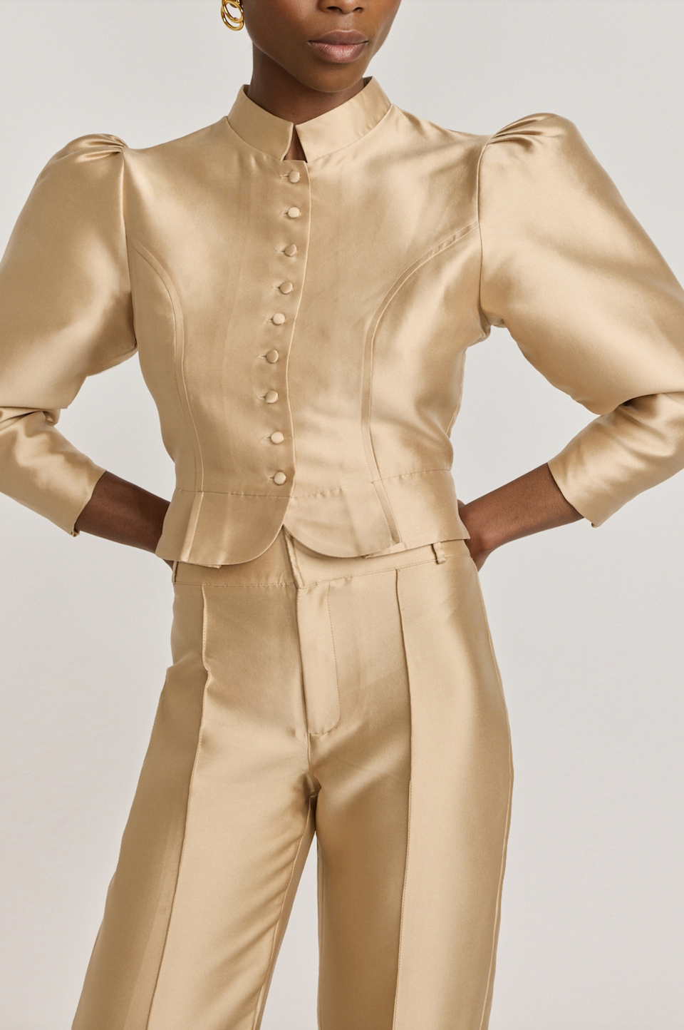 Destree Jacket Beige satin puff sleeve jacket – DESTREE