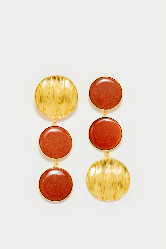 Glittery Brown & Gold Geometric Double Stone Earrings