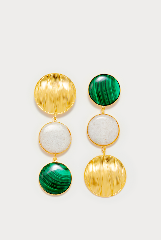 Dark Green & Gold Geometric Double Stone Earrings