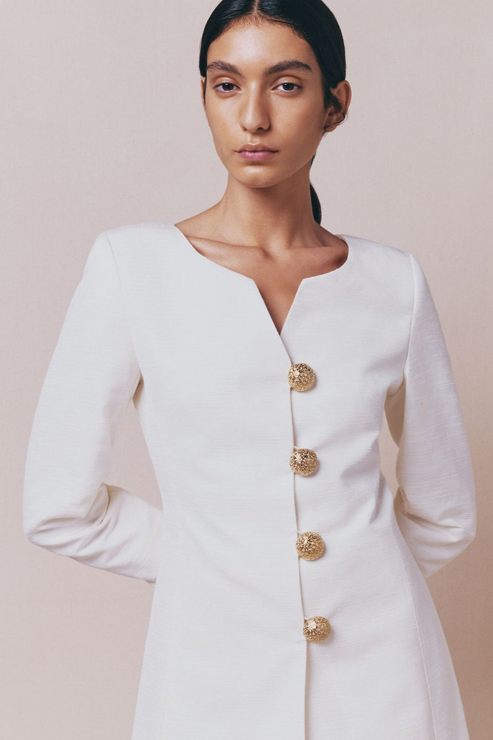 white dress blouse Ecru fitted blouse with button details – DESTREE